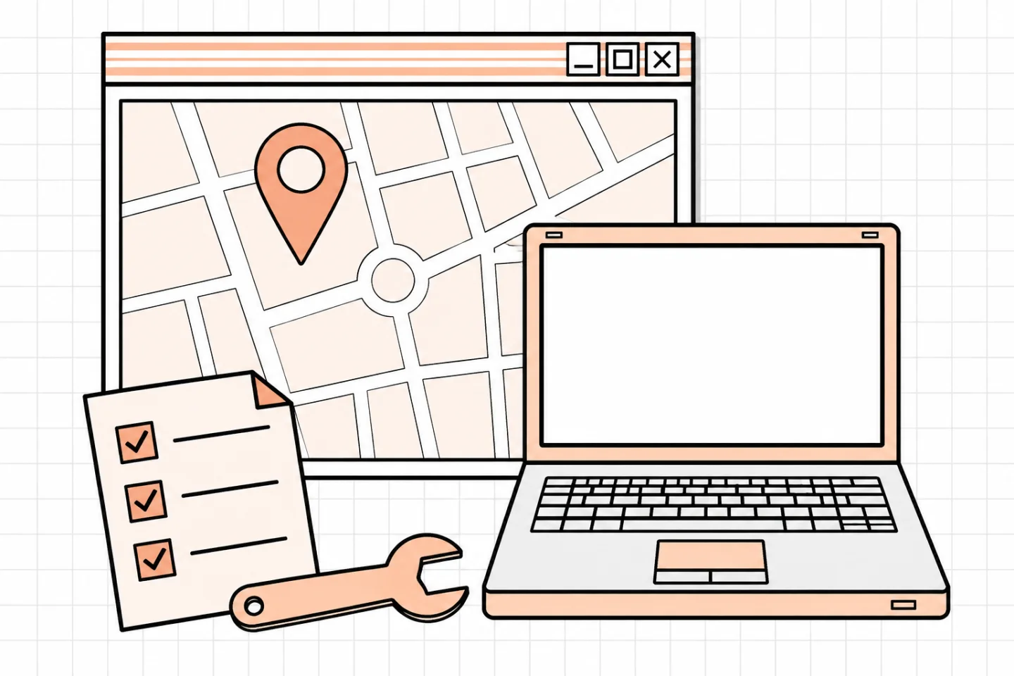 Retro peach-and-black illustration of a location pin on an abstract map beside an unbranded laptop, wrench, and preparation checklist.